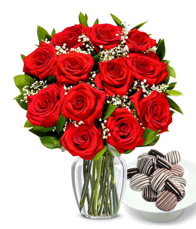 One Dozen Roses with Chocolate Drizzled Oreos