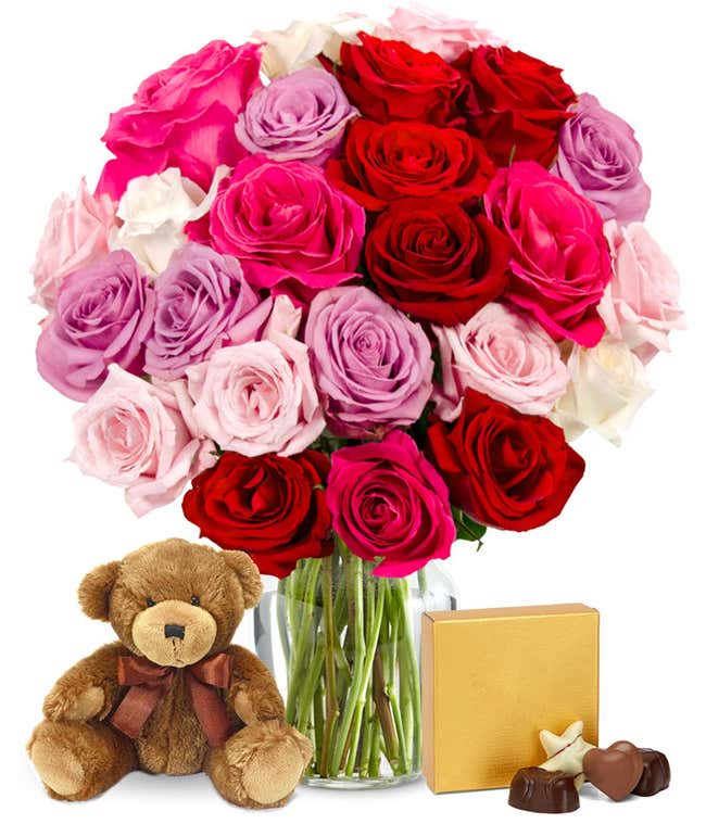 Two Dozen Assorted Sweetheart Roses with Chocolates &amp; Bear