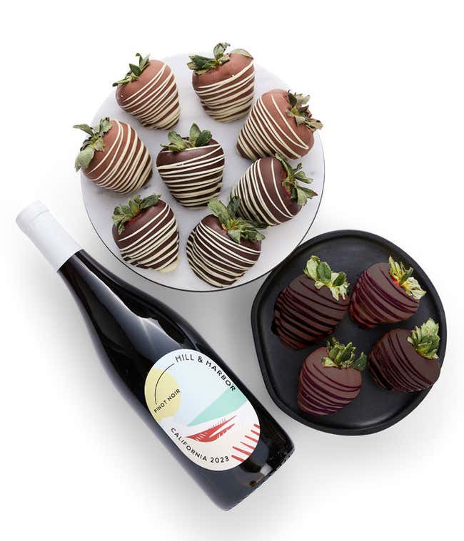 One dozen chocolate covered strawberries and a bottle of Hill and Harbor Pinot Noir for delivery