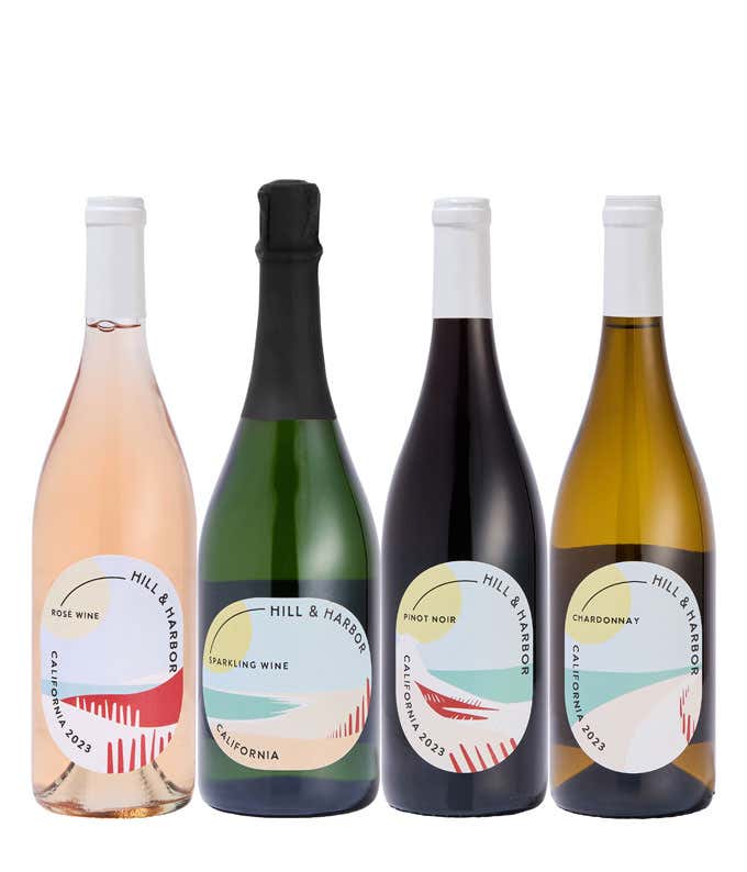 A four pack of Hill & Harbor California wine containing a bottle of Pinot Noir, a bottle of Chardonnay, a bottle of Sparkling Wine and a bottle of Rosé.