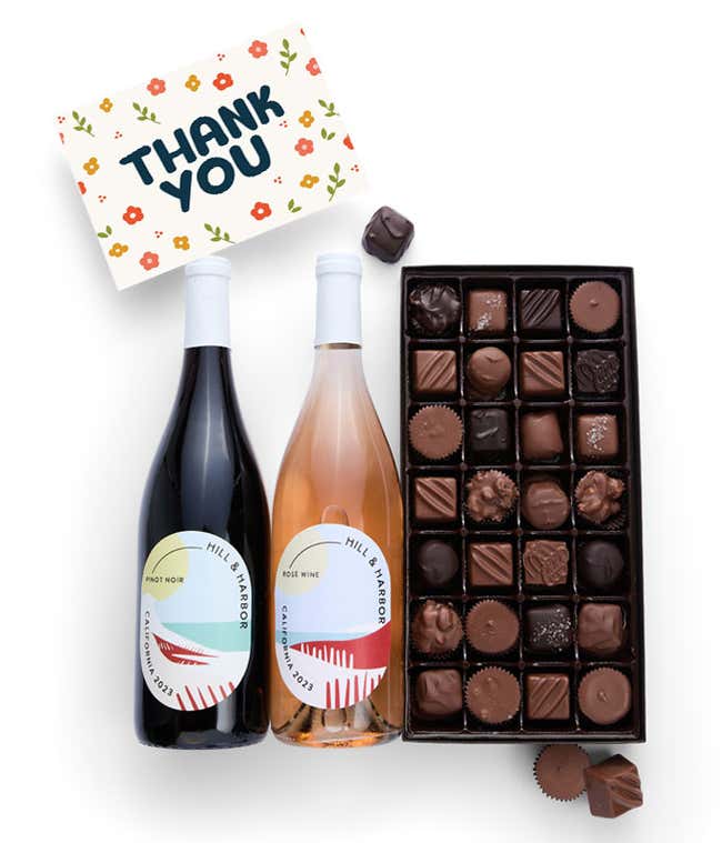 A gift box containing two bottles of California Wine - Pinot Noir &amp; Ros&eacute; wine, a 1 lb box of 28 assorted gourmet chocolates, and a Thank You card.   A refined combination perfect to show your appreciation.