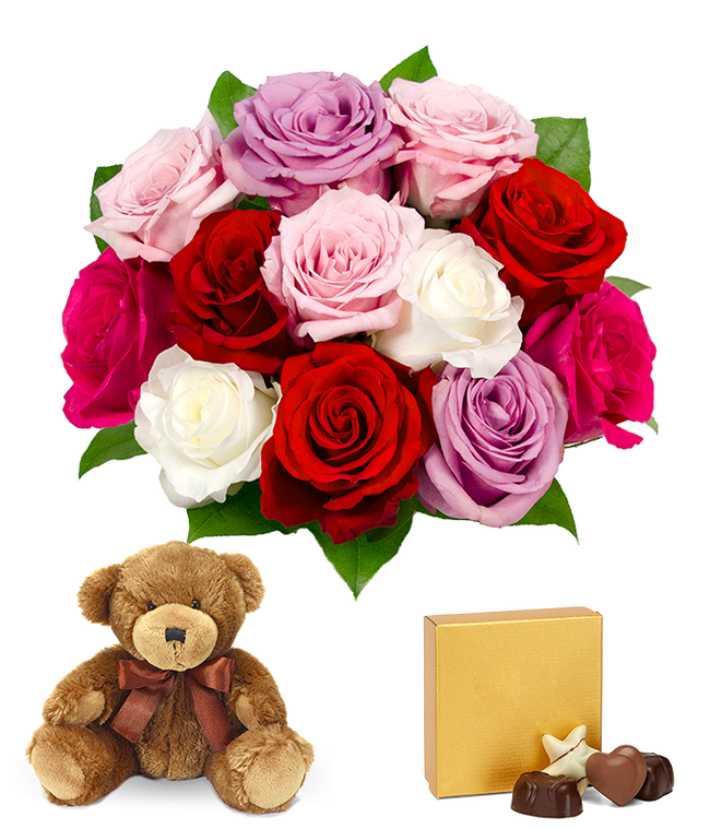 Partial image of Purple roses, white roses, pink roses and red roses without vase.